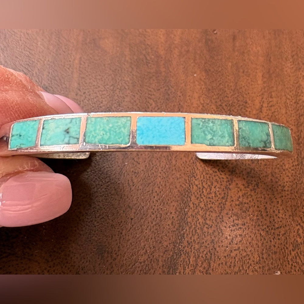 Old Navajo Turquoise Inlay Coin Silver Cuff Bracelet - Green Blue - Picture 2 of 15